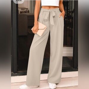 Amazon Wide-Leg High-Waist Tie-Belt Pants in Beige
